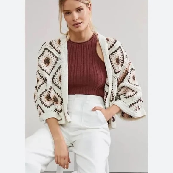 Anthropologie Anderson & Lauth Amber Crochet Cardigan Jacket Knit Sweater Shrug - Picture 2 of 8